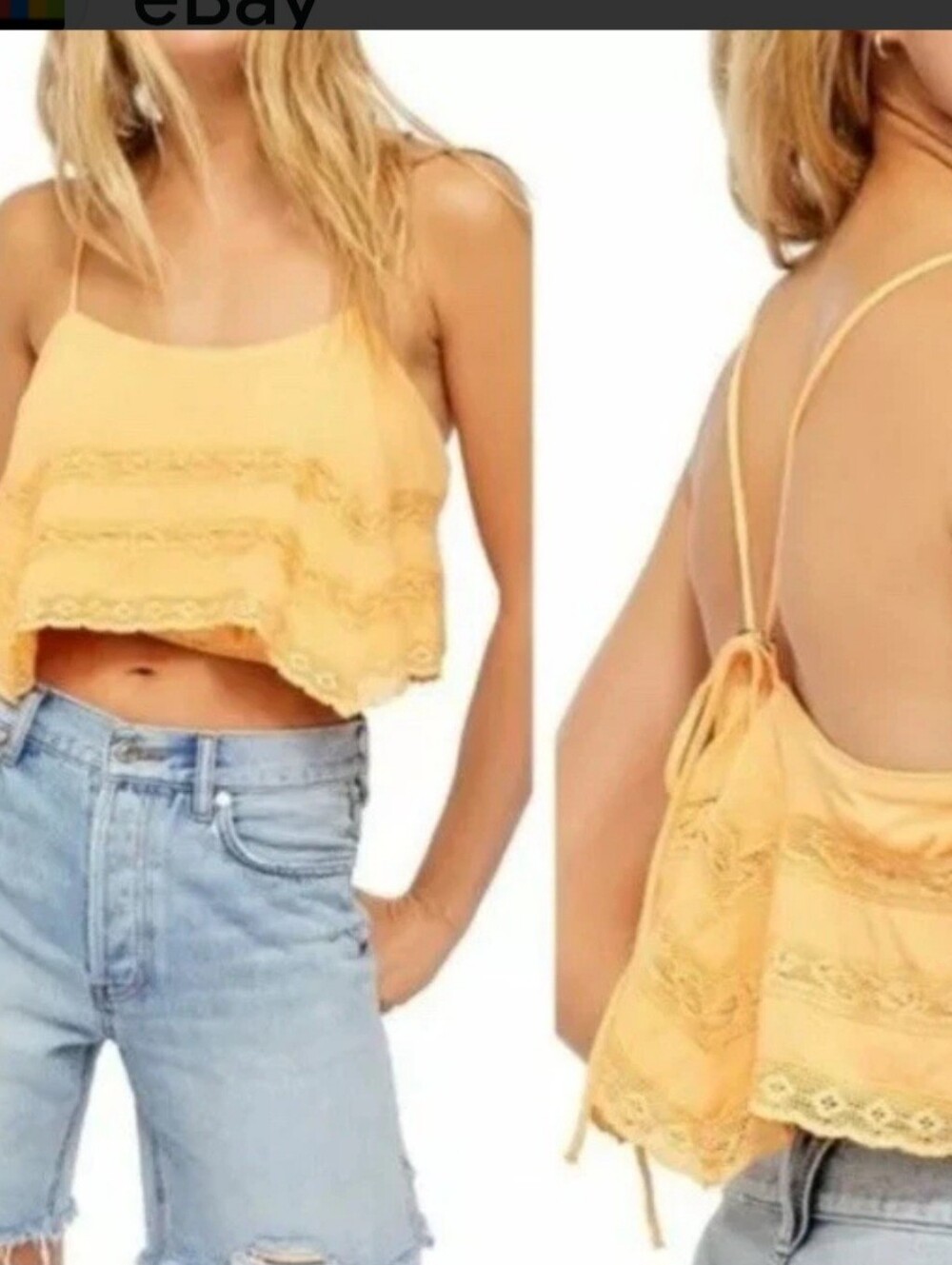 Free People Yellow Lace-Trim Cropped Camisole